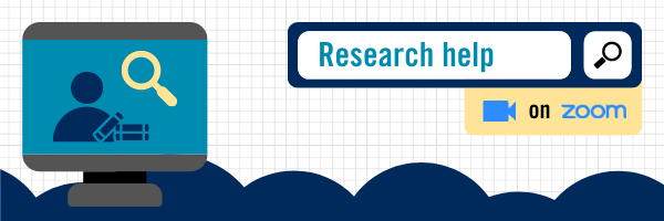 Research help on Zoom. Computer icon with a librarian and a magnifying glass.