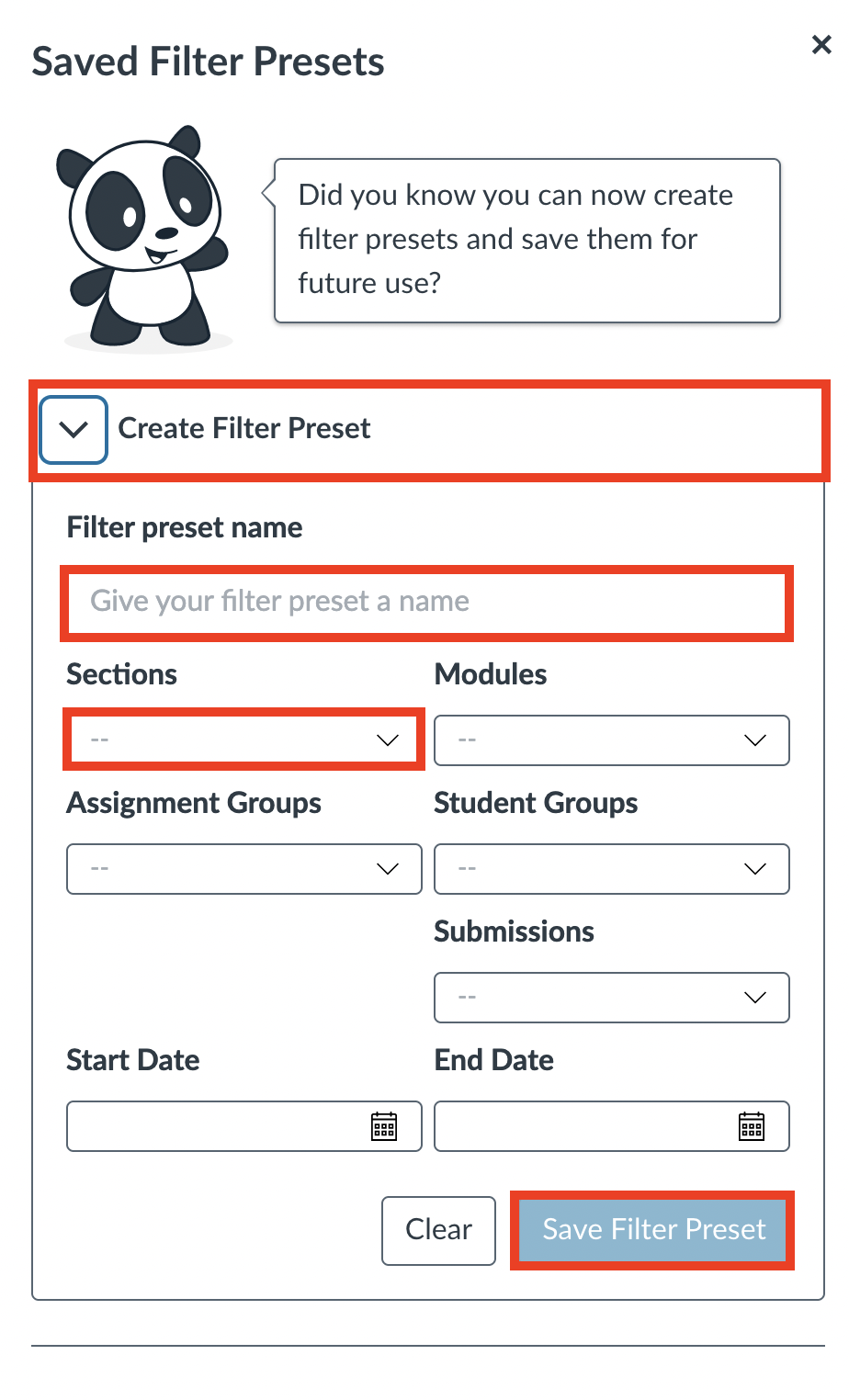 Create Filter Preset for each Section