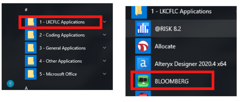 screenshots of the FLC workstation start menu with a rectangle over the LKCFLC folder and a second image of a list of software and a rectangle over Bloomberg