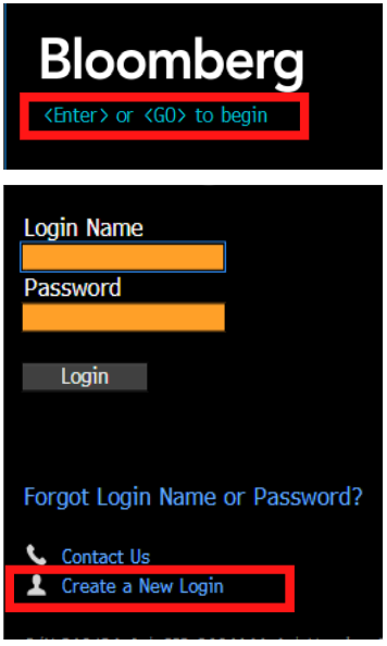 screenshots of the enter or go link and the login page for Bloomberg with a rectangle over Create a New Login link