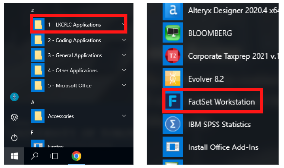 Screen shot of FLC workstation start menu with a folder circled and a second screenshot of a list of software with FactSet cirlced