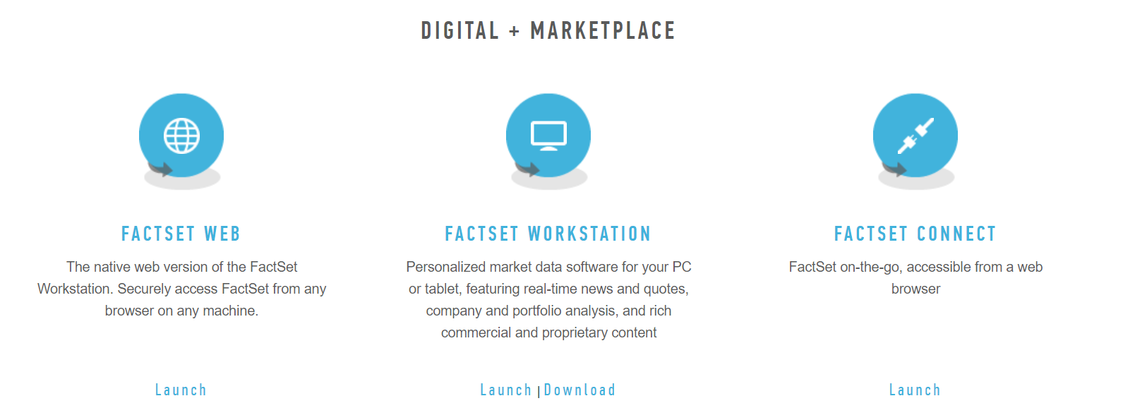 Screen capture of the Digital Market place landing page on FactSet Web with options for FactSet Web and FactSet Workstation