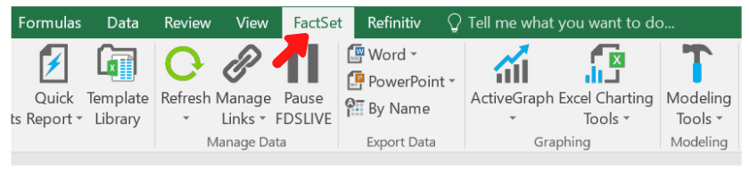 Screen shot of the Excel menu for FactSet with an arrow pointing to the FactSet tab