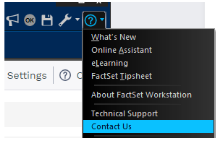 Screenshot of FactSet Help icon expanded to show options with Contact Us highlighted