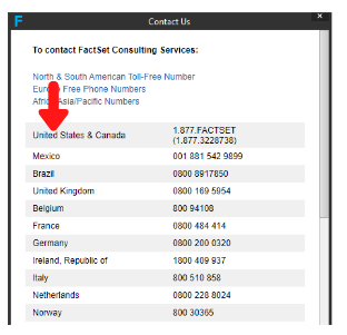 List of FactSet phone numbers with an arrow pointing to North America