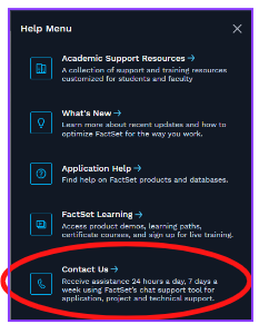 Screenshot of Help options with contact us circled in red