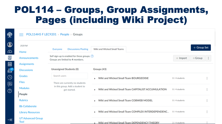 Screenshot of Quercus Groups webpage that indicates groups of four where students can self signup.