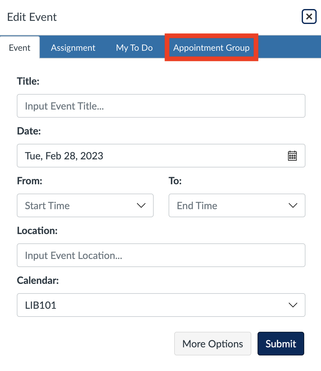 Screenshot of Edit Event box with Appointment Group link highlighted in red