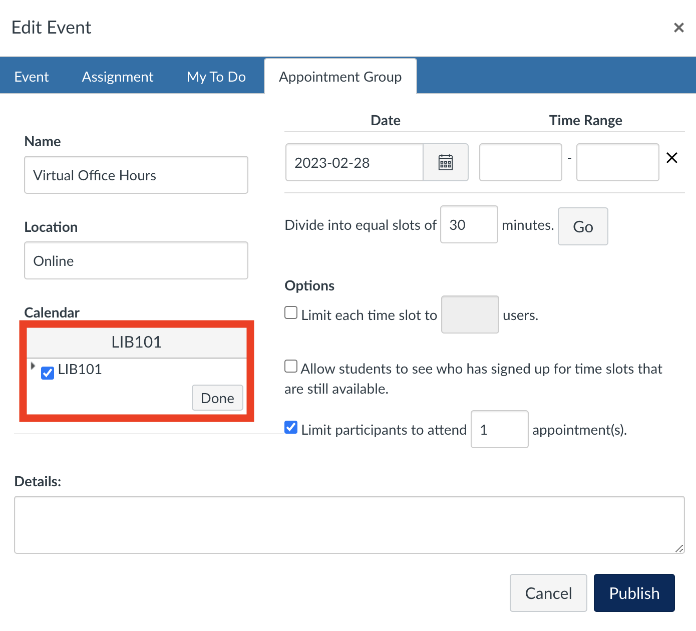 Screenshot of the Appointment group details page, with the choose calendar box highlighted