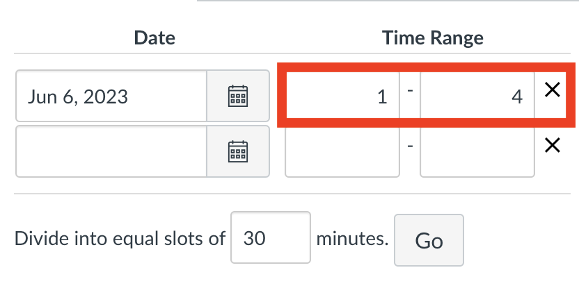 Screenshot of the time range for the appointment group, with 1-4 entered in.