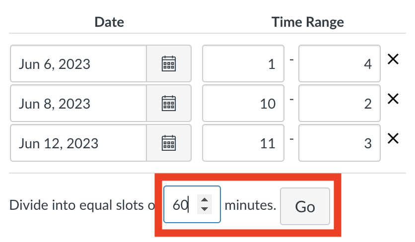 Screenshot showing how to divide up the date range into equal slots. 60 minutes is selected.