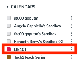 Screenshot of a list of calendars, with LIB101 outlined in red