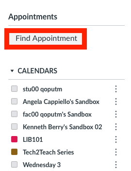 Screenshot of the Find appointment button which is above the list of calendars