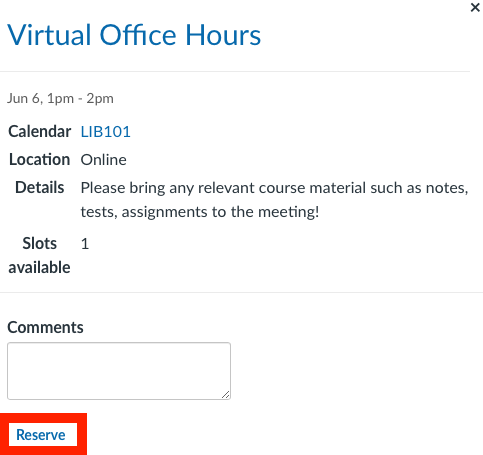 Screenshot of the virtual office hours box with comments box. The Reserve button is highlighted.