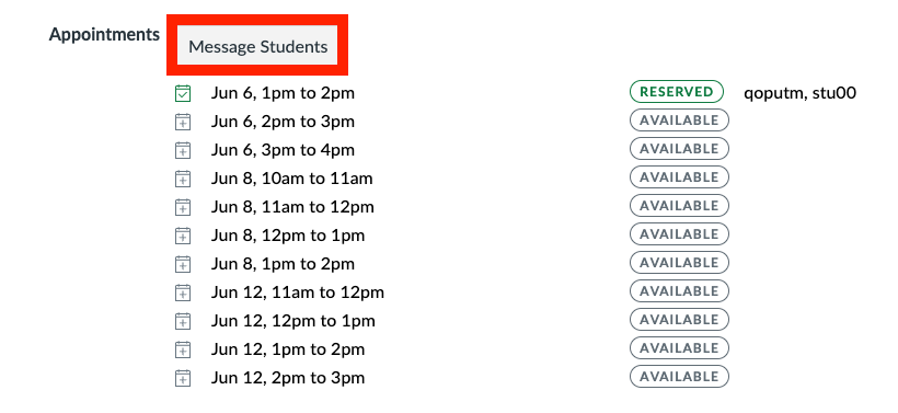 Screenshot showing the time slots for the appointment group, showing reserved or unavailable.