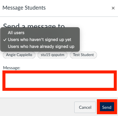 Screenshot showing options for messaging different types of students in the course, based on their sign-up status.