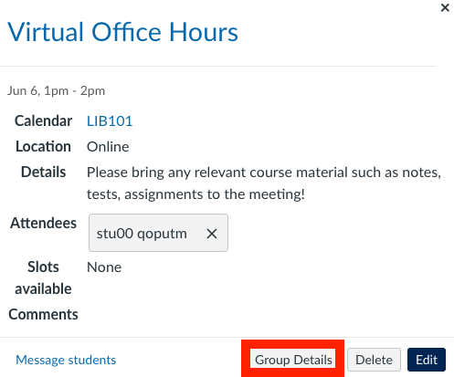 Screenshot of the appointment details box, with the Group Details button highlighted.