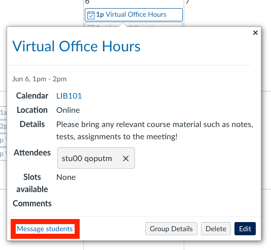 Screenshot of the appointment group details box with the Message Students highlighted.