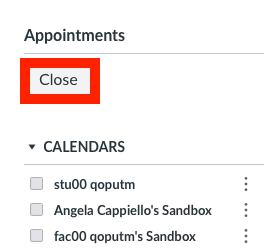 Screenshot showing the close button highlighted. It appears under the appointments heading and above the list of calendars.