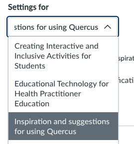 Screenshot of the drop-down menu listing courses the user can set notification settings for.