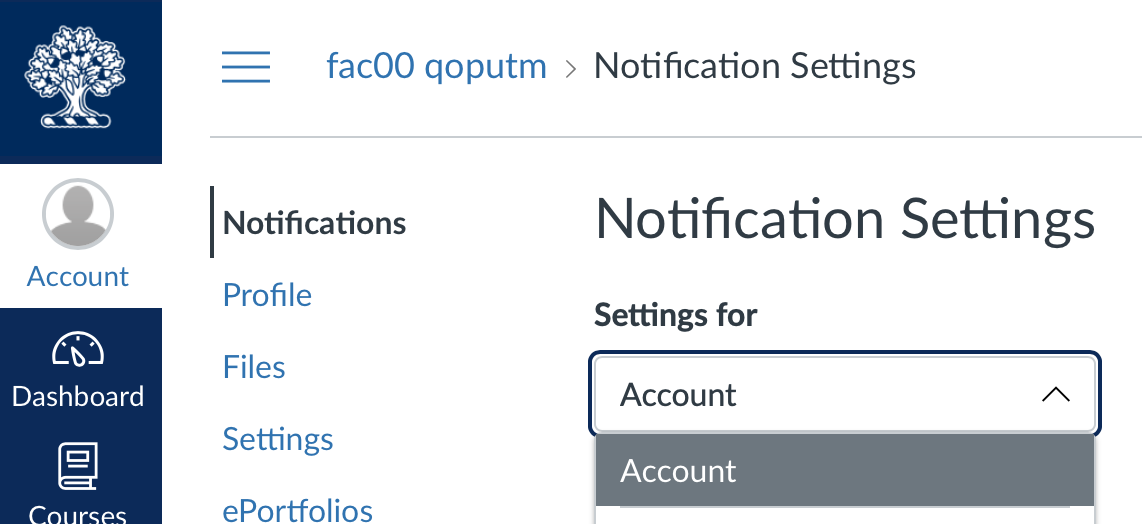 Screenshot of the notifications screen under profile, with the focus on the drop-down menu showing "Account".