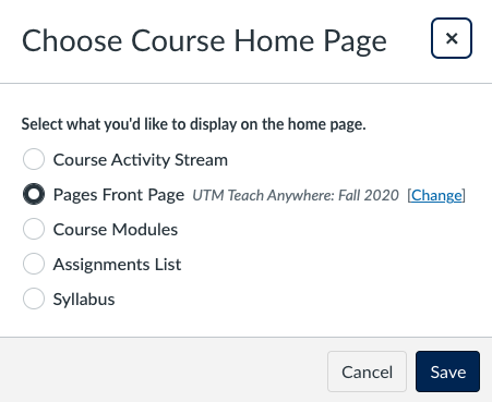 Choose Home Page options box