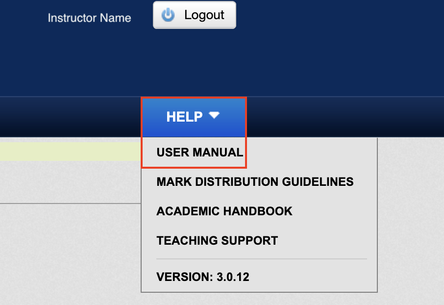 Screenshot indicating location of User Manual under the Help menu in the eMarks system.