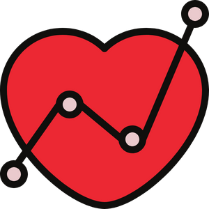 Graphic of a red heart, overlaid with a pink graph with data points showing an upward trend.