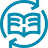 A open book surrounded by a circular set of arrows.