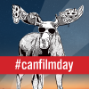 #canfilmday. Image: A black and white moose wearing sunglasses against a colourful sunset.